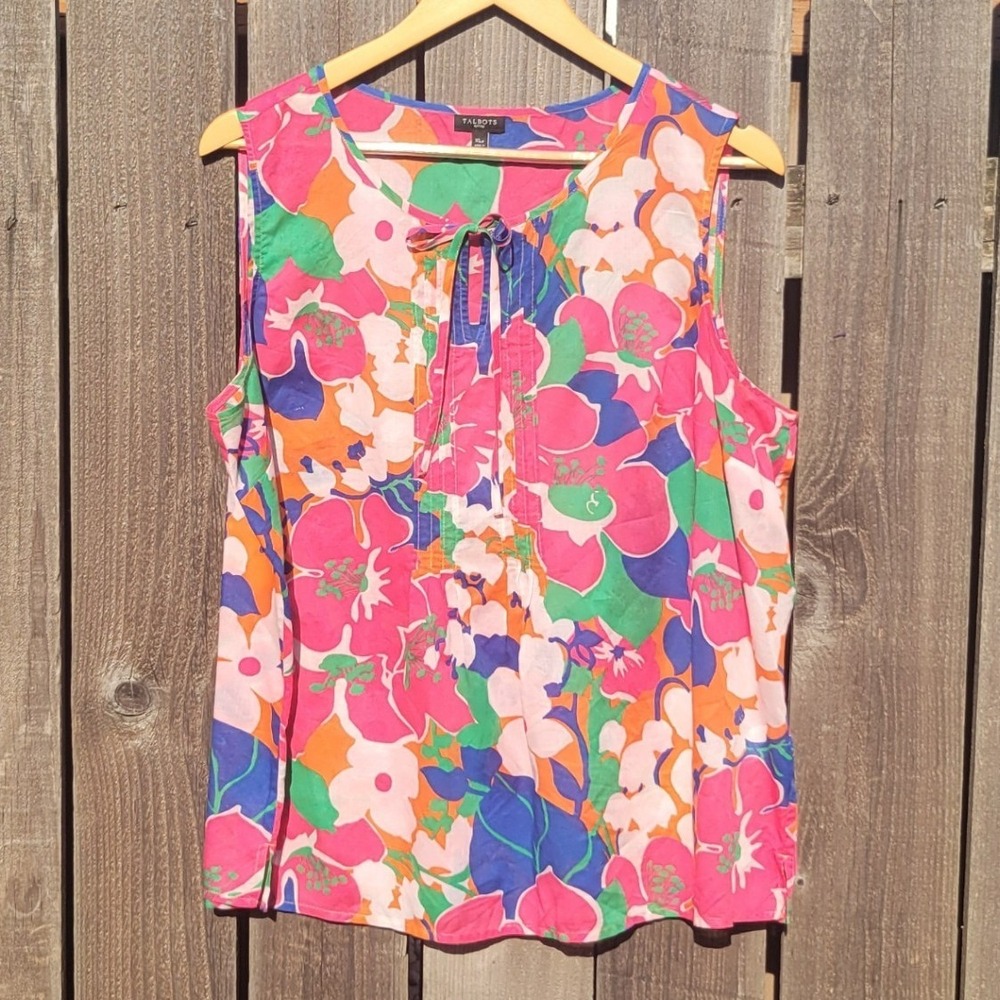Talbots Petites XLp Pink Blue Floral Cotton Sleeveless Tie Neck Popover Blouse